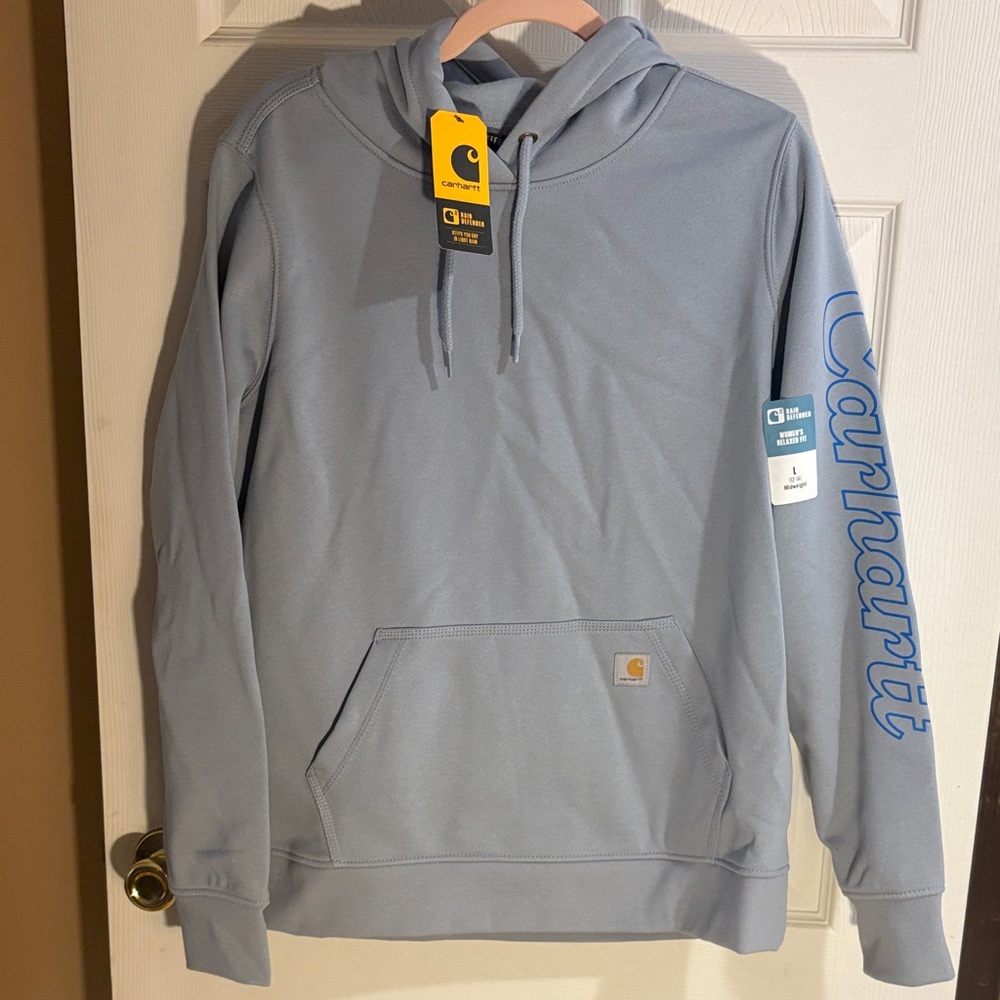 Carhartt Women’s Pale Blue Pullover Hoodie/Sleeve Script Rain Defender NWT Large